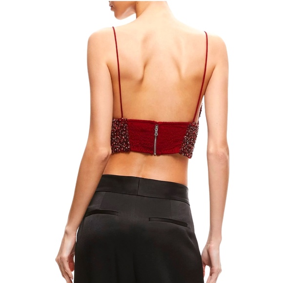 Alice + Olivia Bordeaux Red Crystal Embellished Crop Top With Smocked Ba… - Picture 7 of 16